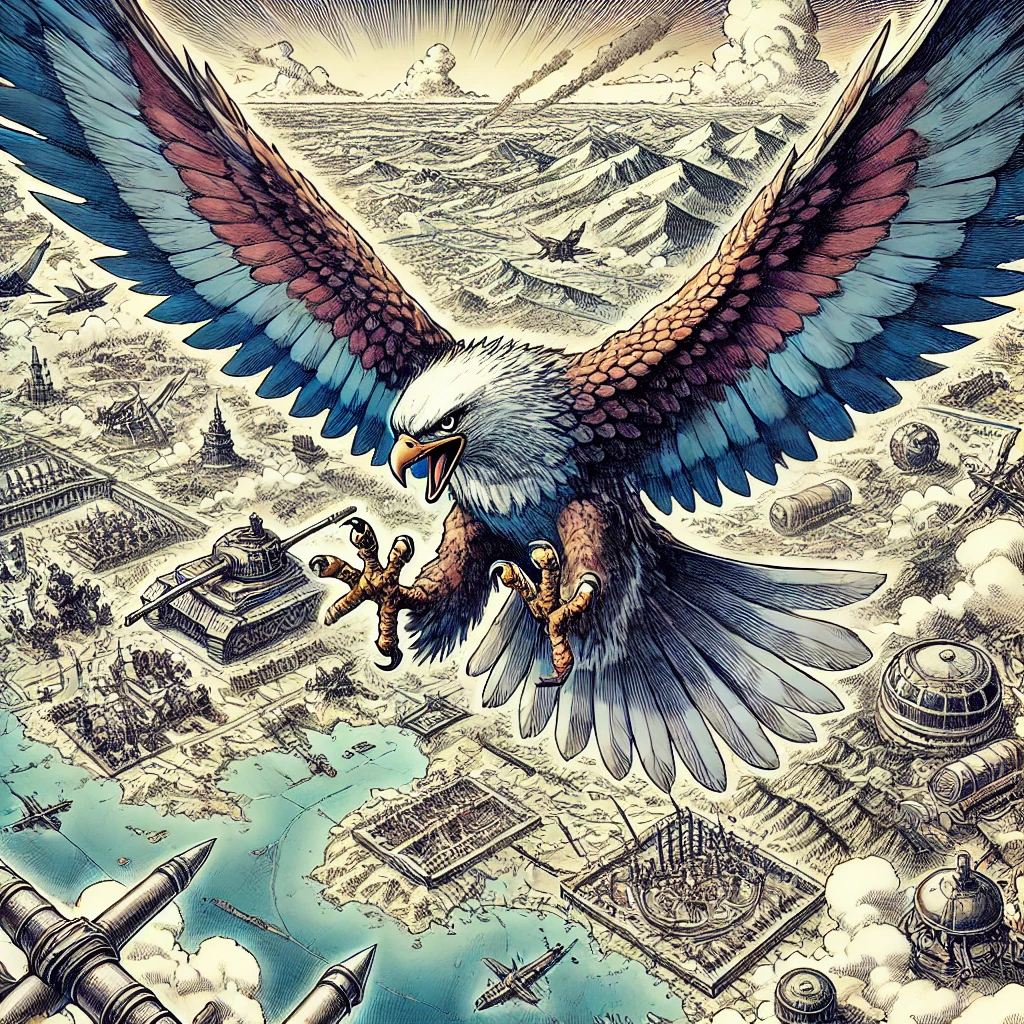 DALL·E 2025-01-23 17.29.18 - Un'aquila maestosa in volo sopra un planisfero affollato di carri armati e dadi, rappresentata nello stile di un'illustrazione manga giapponese. L'imm