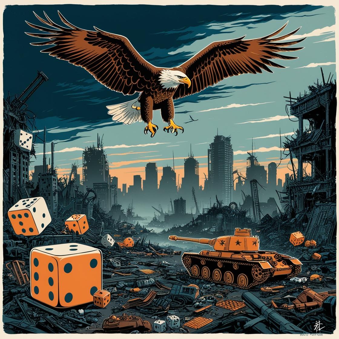 aquila in volo città post apocalittica invasa da dadi e carri armati giocattolo illustrazione giapponese (1)