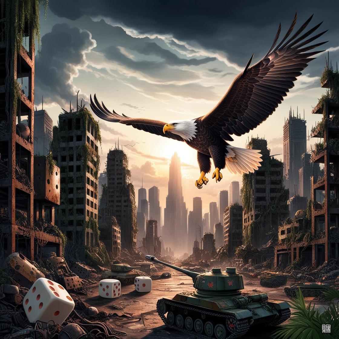 aquila in volo città post apocalittica invasa da dadi e carri armati giocattolo illustrazione giapponese (2)