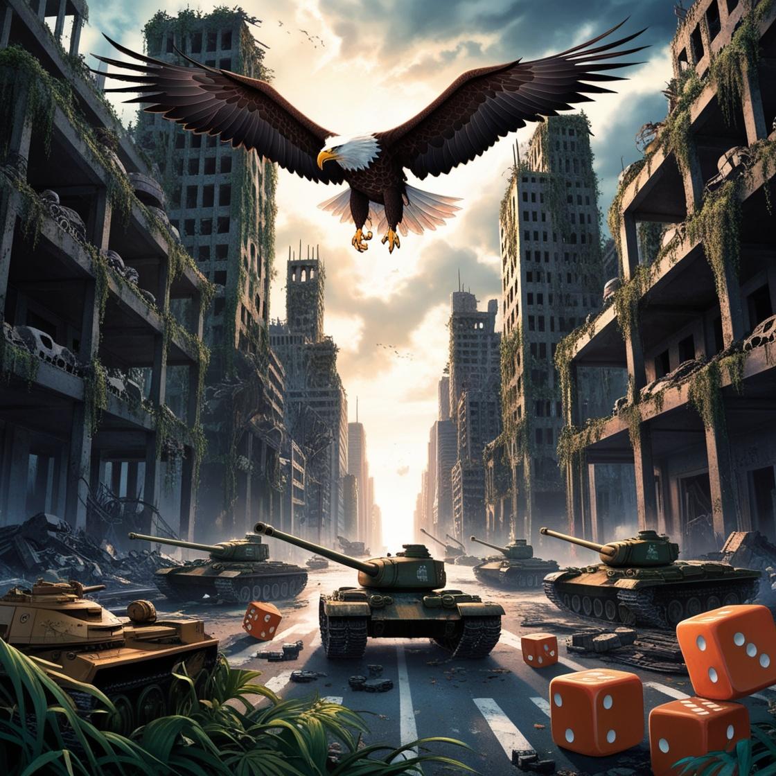 aquila in volo città post apocalittica invasa da dadi e carri armati giocattolo illustrazione giapponese (3)