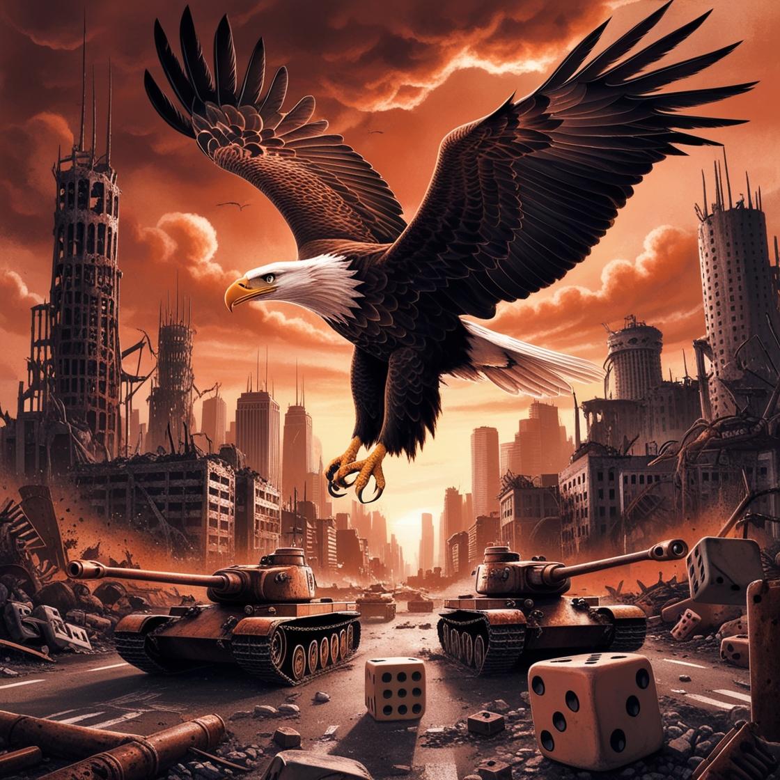 aquila in volo città post apocalittica invasa da dadi e carri armati giocattolo illustrazione giapponese