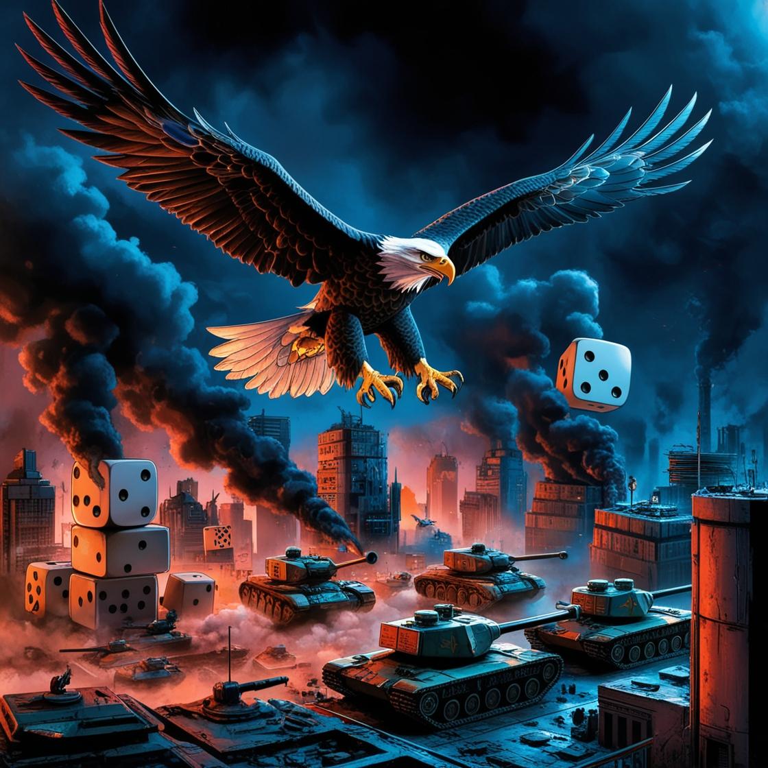 aquila in volo sulla città distopica piena di dadi e carri armati giocattoli in stile manga (1)