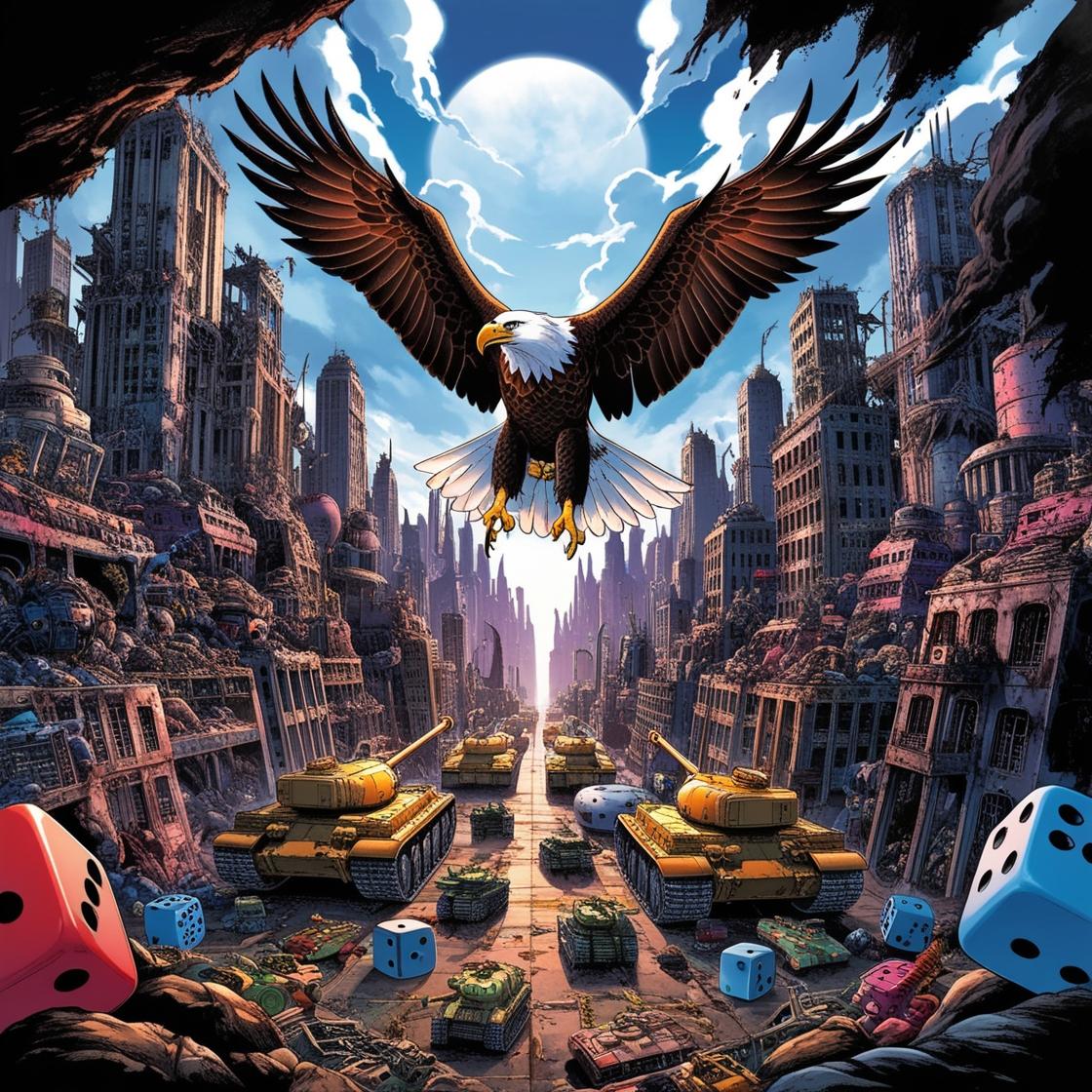 aquila in volo sulla città distopica piena di dadi e carri armati giocattoli in stile manga (2)