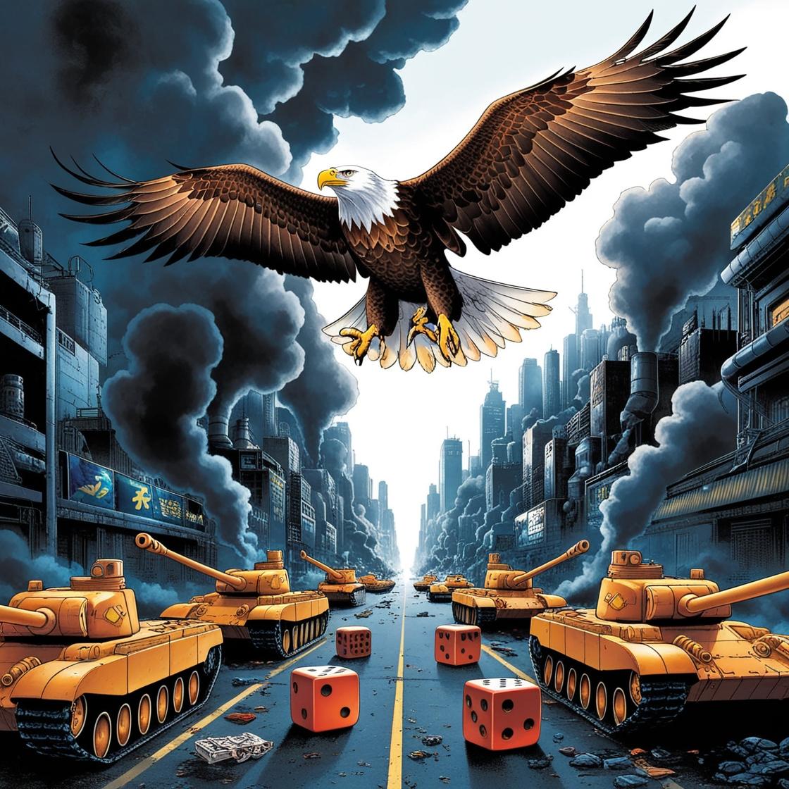 aquila in volo sulla città distopica piena di dadi e carri armati giocattoli in stile manga (3)