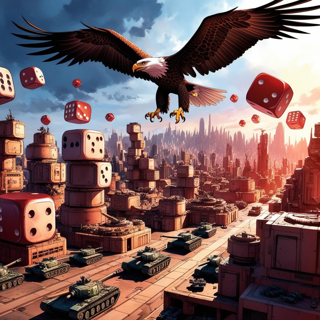 aquila in volo sulla città distopica piena di dadi e carri armati giocattoli in stile manga
