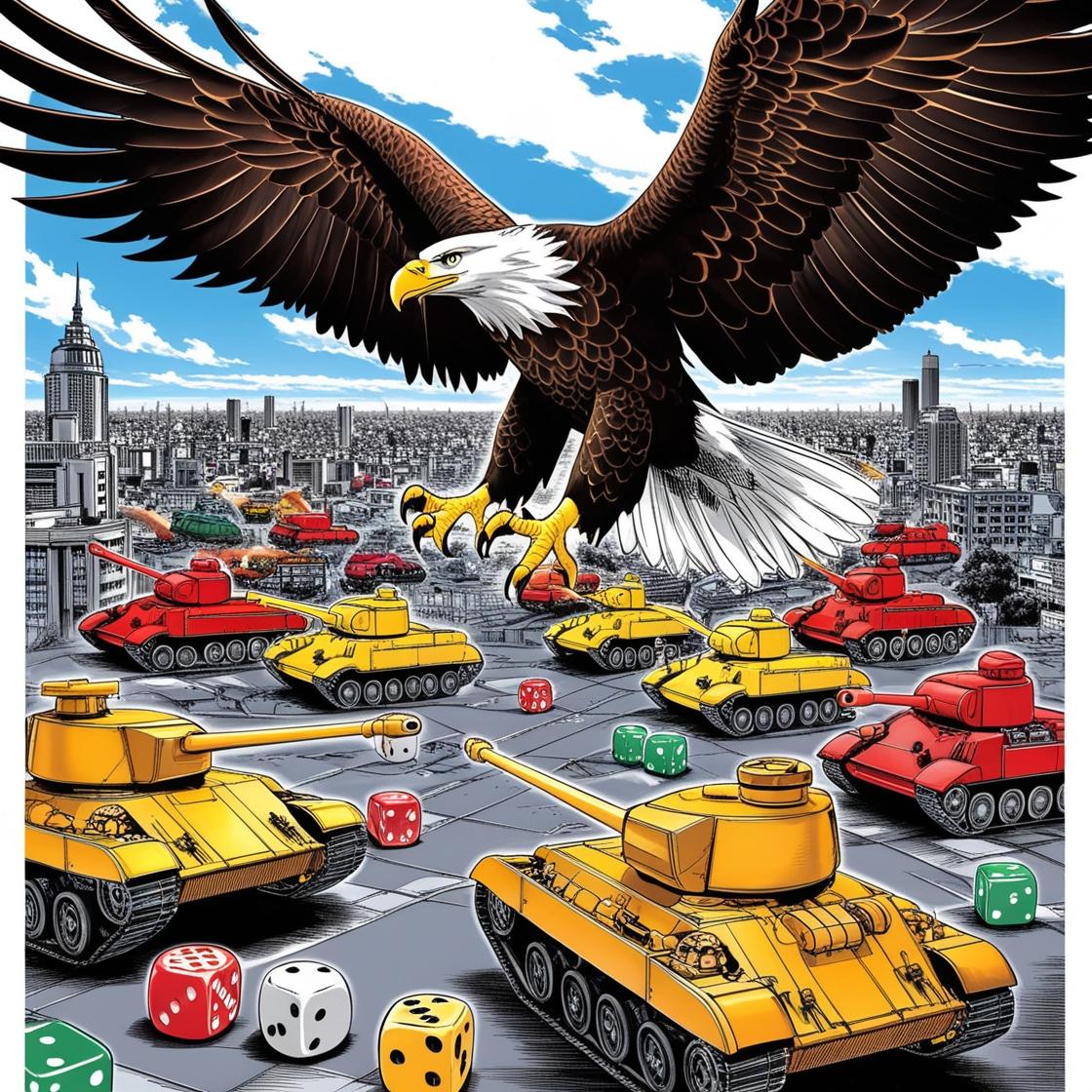 aquila in volo sulla città piena di dadi e carri armati giocattoli in stile manga (1)