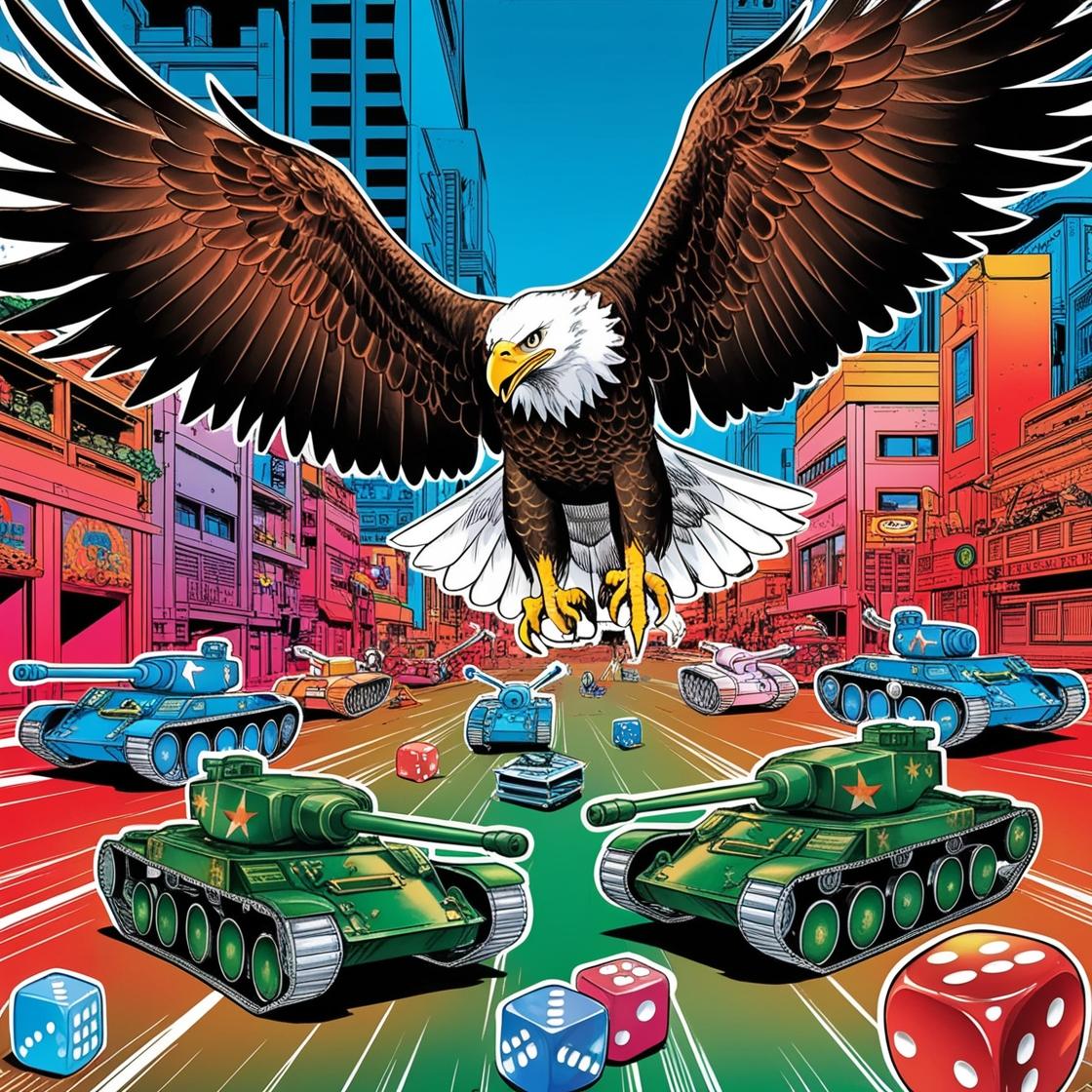 aquila in volo sulla città piena di dadi e carri armati giocattoli in stile manga (3)