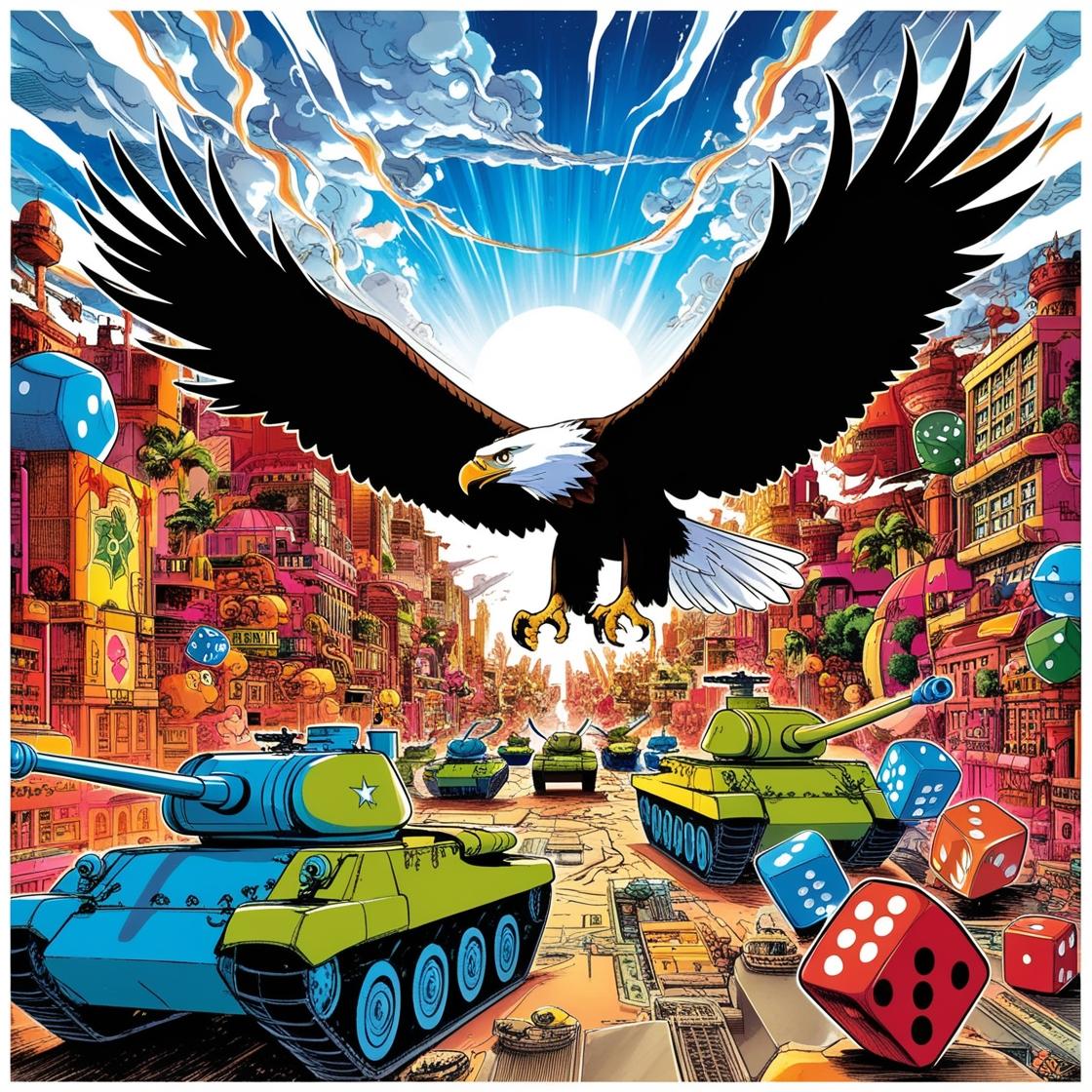 aquila in volo sulla città piena di dadi e carri armati giocattoli in stile manga coloratissimo (1)