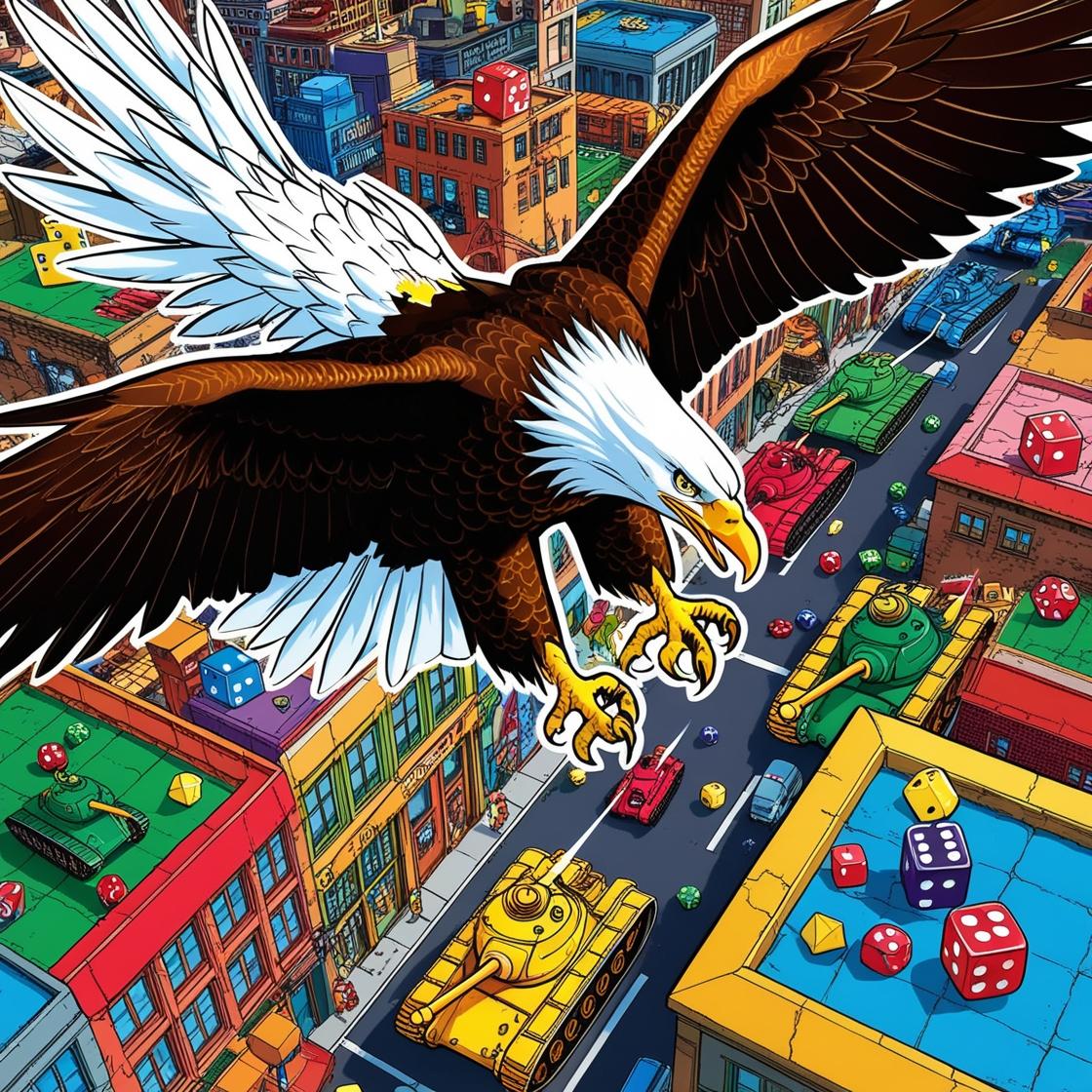 aquila in volo sulla città piena di dadi e carri armati giocattoli in stile manga coloratissimo (2)