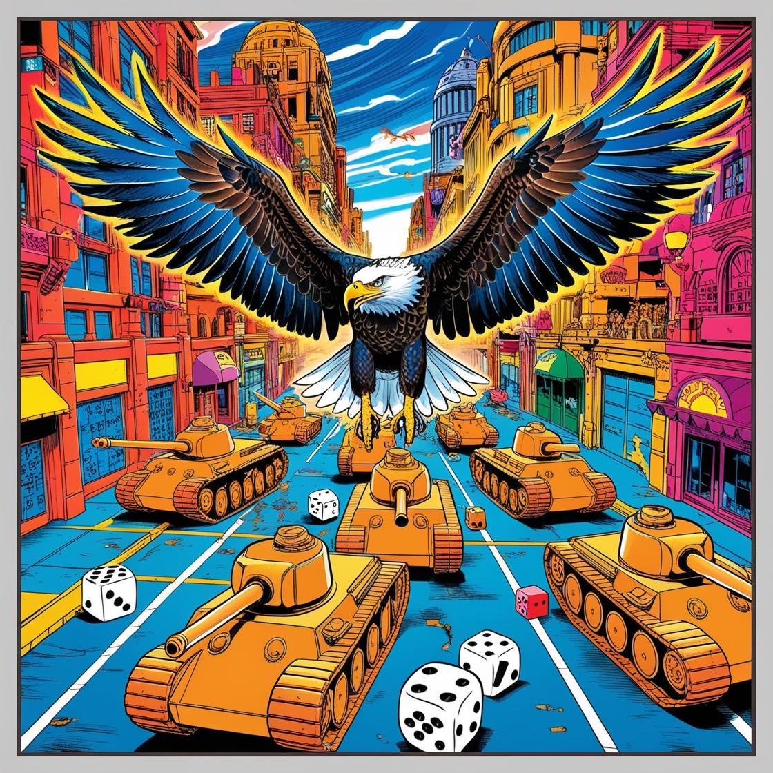 aquila in volo sulla città piena di dadi e carri armati giocattoli in stile manga coloratissimo (3)