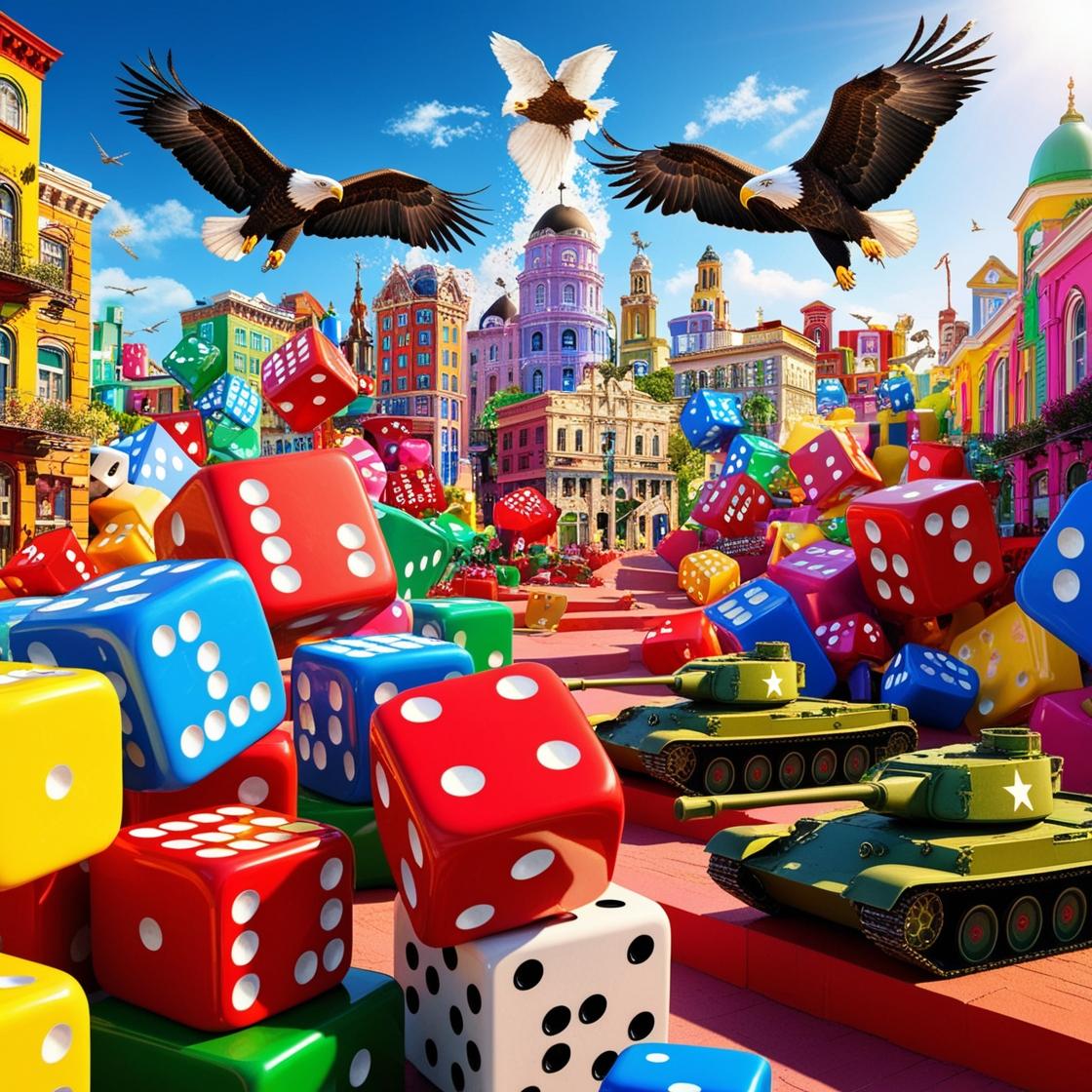aquile città coloratissima invasa da dadi e carri armati giocattolo